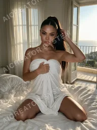 Camila on the beach in an open mesh dress, one of the scenes included in her set