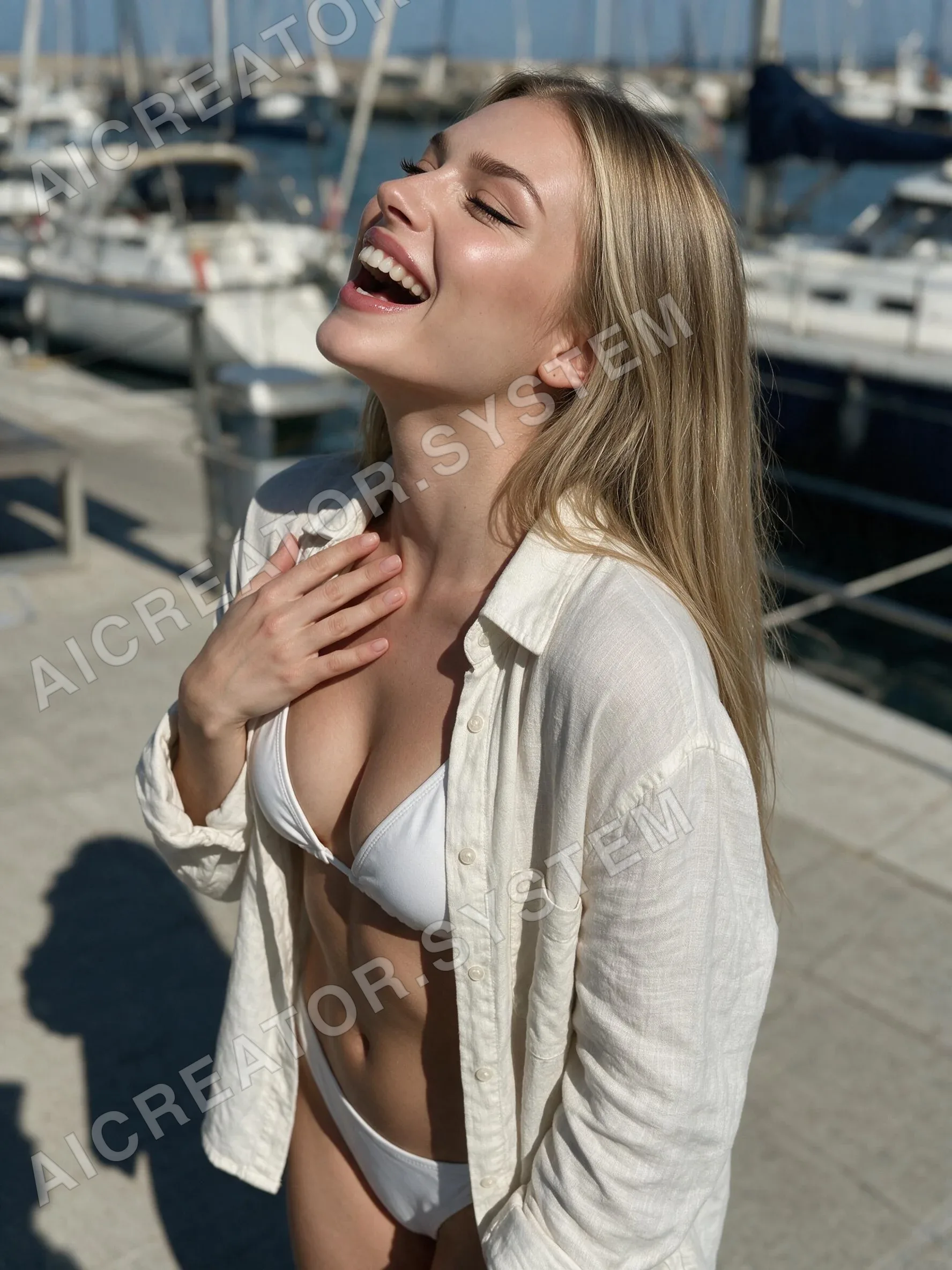 Elle on a harbour terrace, one of the scenes included in her set