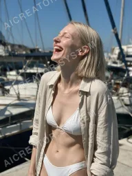 Freya on a villa pool terrace, one of the scenes included in her set