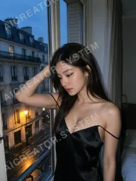 Mei at a Paris window at dusk, one of the scenes included in her set