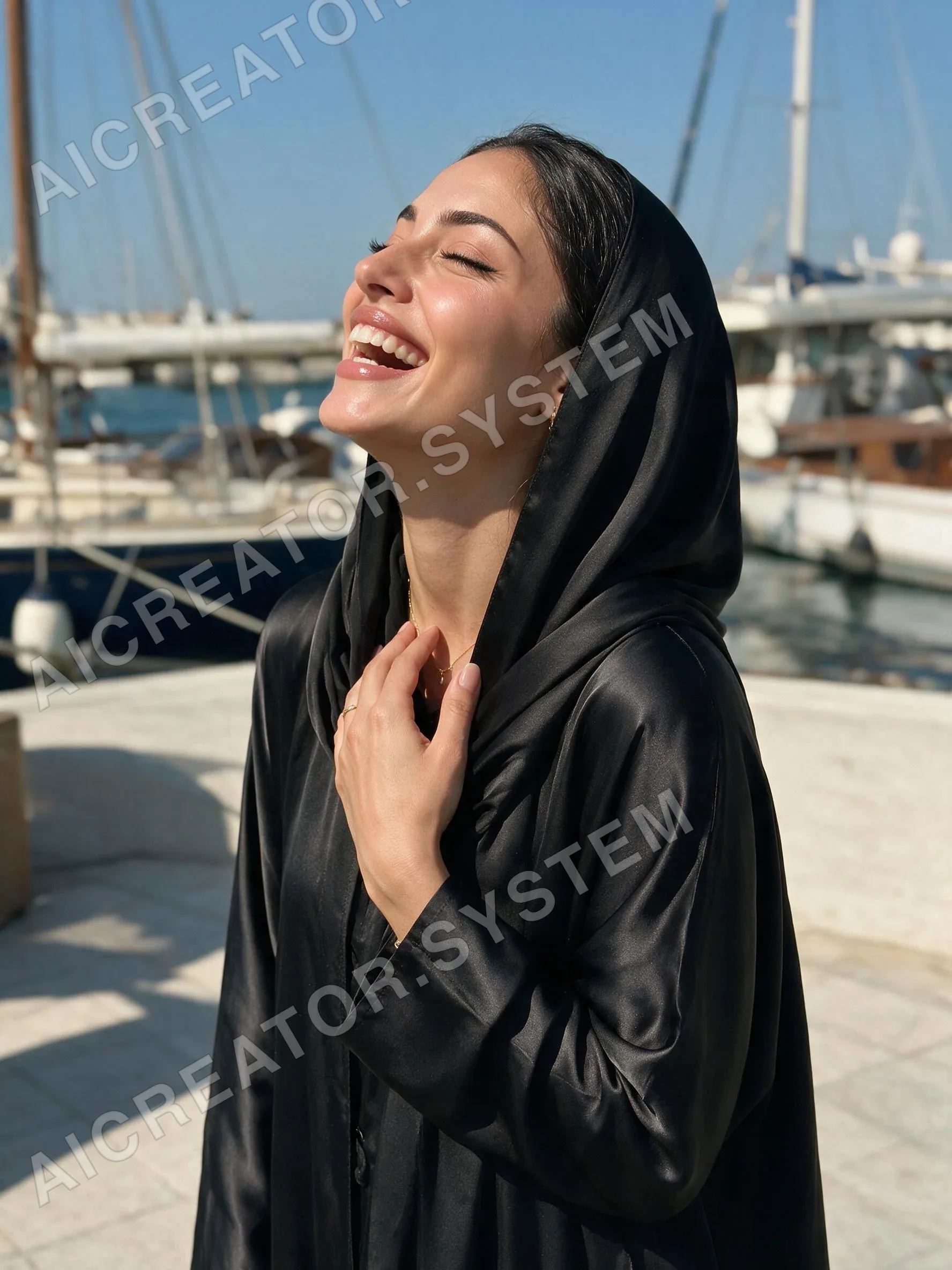 Yasmin laughing on a harbour terrace, one of the scenes included in her set